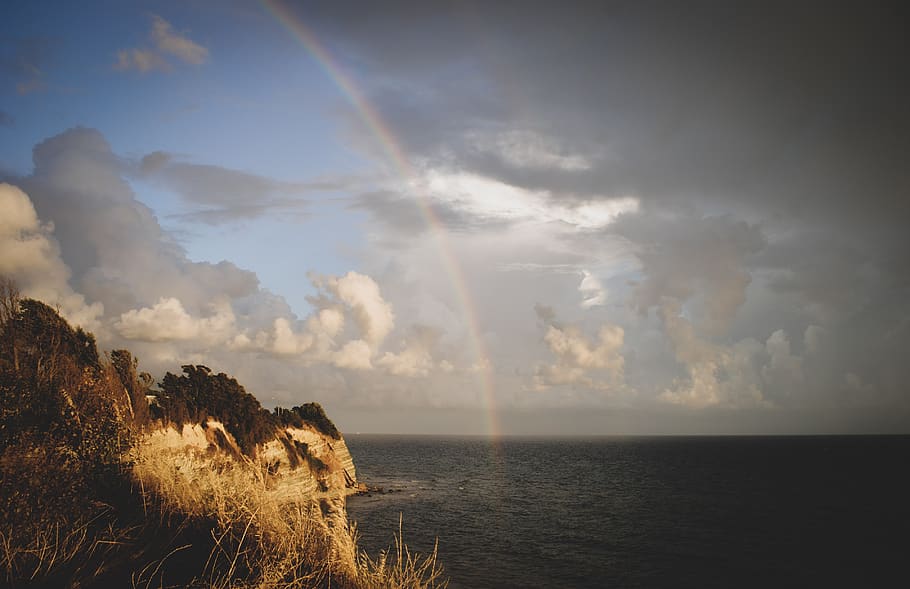 rainbow, landscape, precipice, sea, sky, clouds, breakage, krucha, cloud - sky, scenics - nature