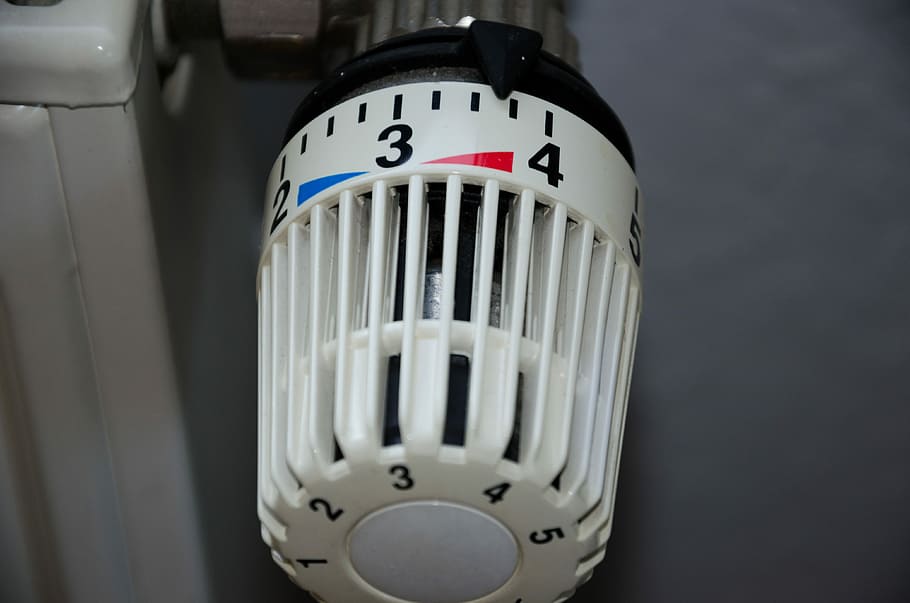 white control knob, Thermostat, Heating, Radiator, heating, radiator, heat, temperature, cold, energy, heating costs
