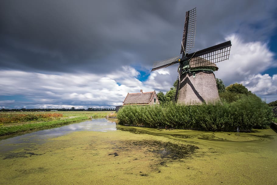 gray, windmill, green, trees, pond, clouds, sky, landscape, architecture, historically