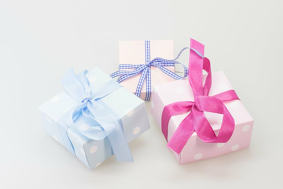 three, assorted-color, wrapped, gifts, white, surface, made, surprise, loop, christmas