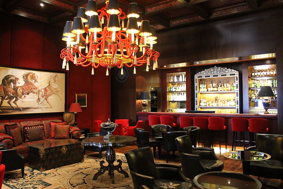 red, framed, light chandelier, bar stools, light, chandelier, bar, tavern, pub, restaurant
