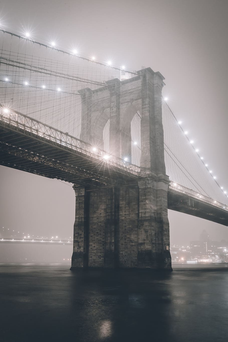 brooklyn, bridge, city, new york, fog, mist, night, lights, moody, nyc