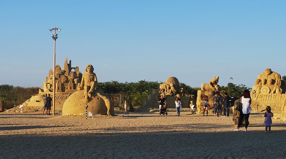 people, front, statue, burgas, bulgaria, sand, castle, avengers, from sand, sculpture