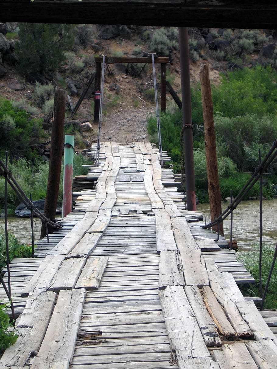 taos, bridge, rio grande, santa fe, new mexico, water, old, wooden bridge, plank, direction
