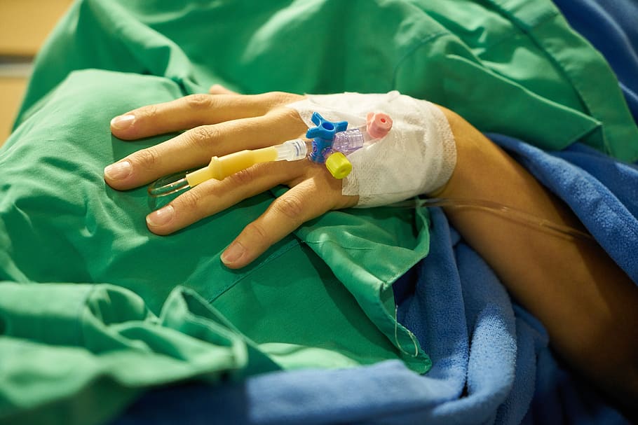 persona, cubierto, verde, azul, paño, cirugía, suero, vendaje, hospital, dedo
