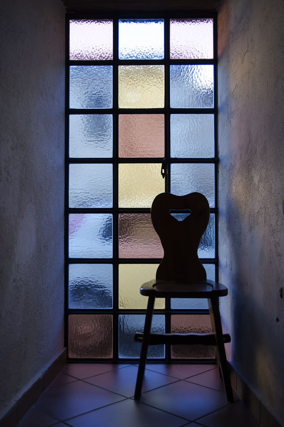 stained glass window, chair, fear, window, indoors, seat, home interior, day, glass - material, architecture