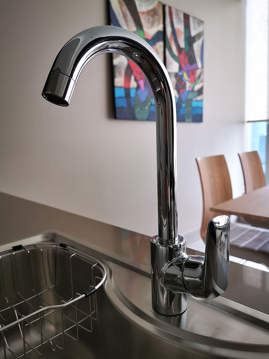 water tap, kitchen, plumbing, faucet, water, drain, shiny, metal, interior, silver