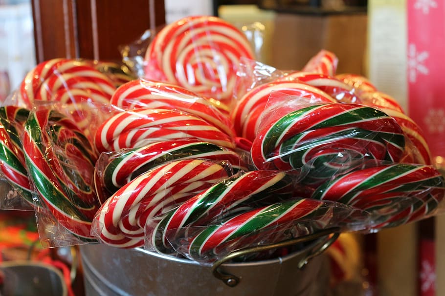 assorted, candy canes, gray, bucket, candy, christmas, sucker, peppermint, lollipop, sweet