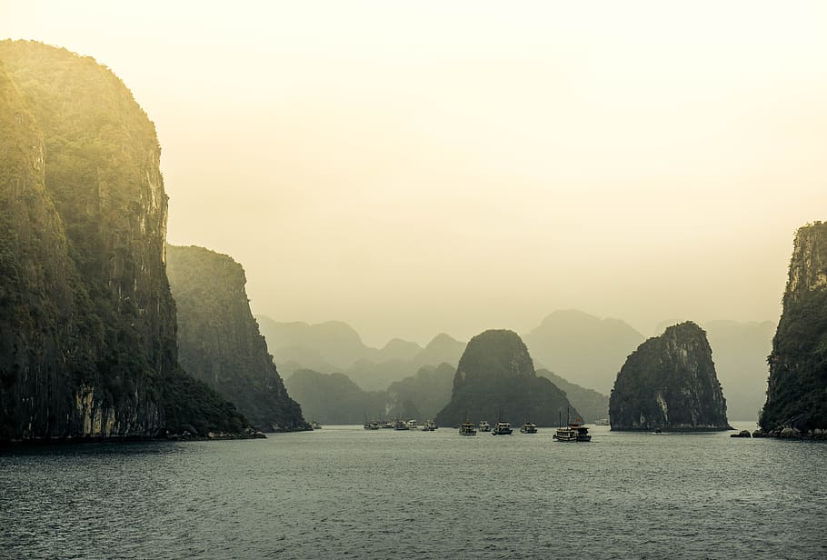 mountain, highland, cliff, fog, sea, ocean, water, nature, boat, travel
