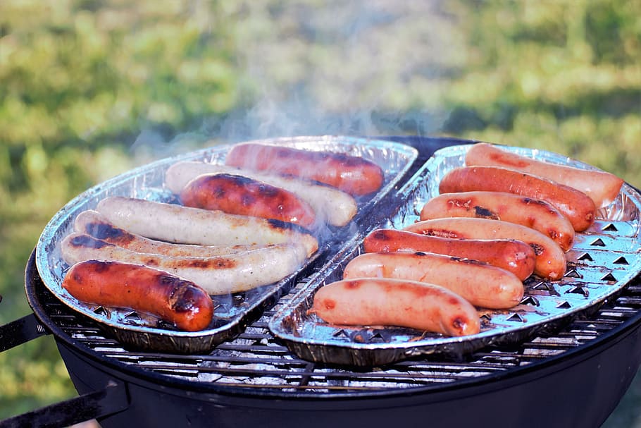 sausages, top, foil, grill, grass, daytime, picnic, meat, food, sausage