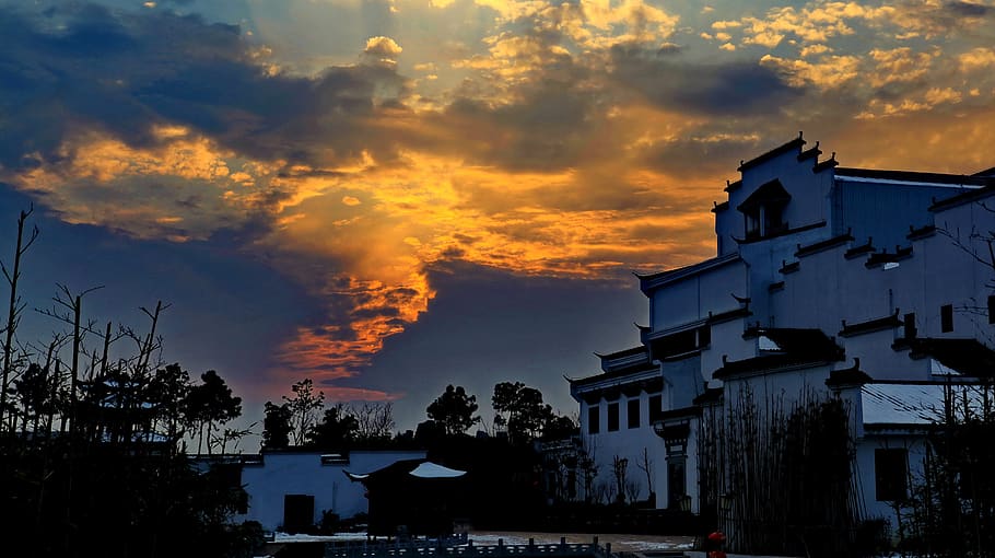 resorts, intangible cultural heritage park, hefei intangible cultural heritage park, night view, sky, architecture, cloud - sky, built structure, sunset, building exterior