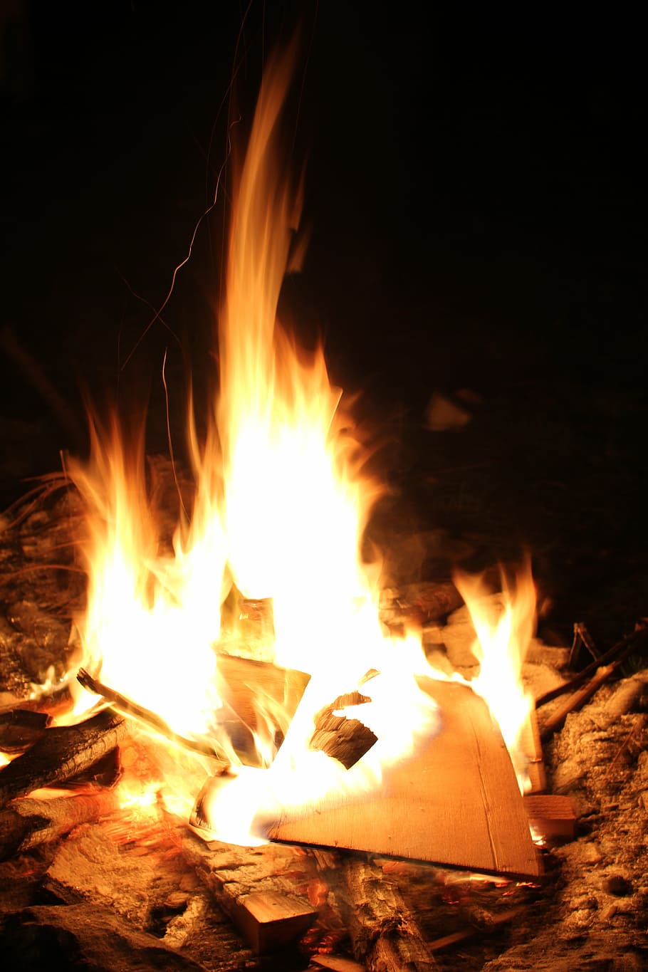 bonfire during night, fire, wood, camp, outdoor, cook, spark, green, grass, leaves