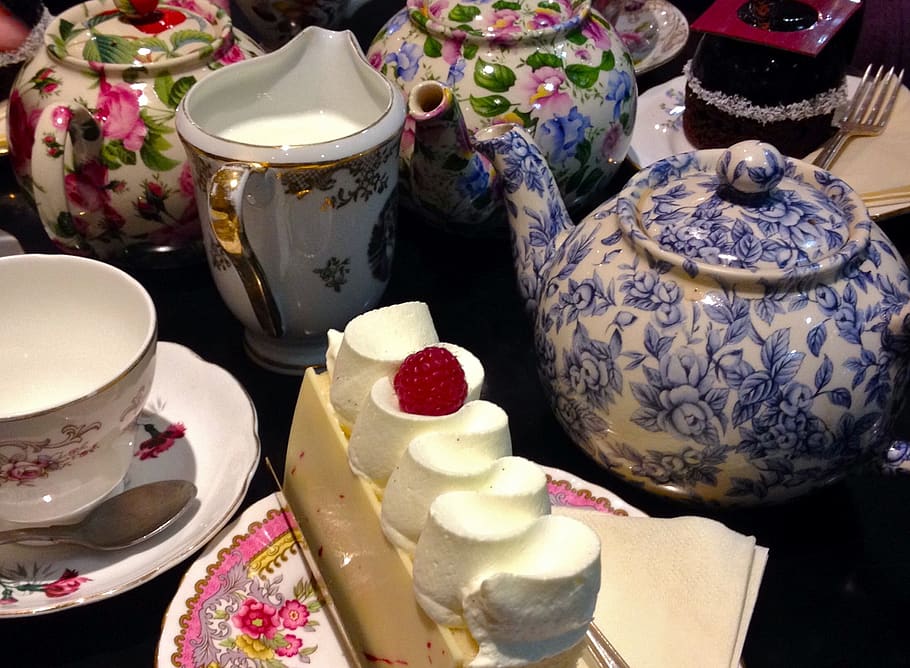tea, cake, teapot, sweet, dessert, cup, cafe, vintage, chocolate, cream
