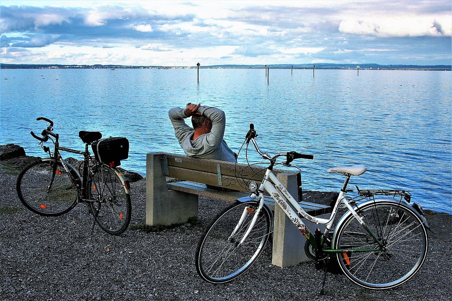 banco, sentarse, aire fresco, lago, bicicleta, bodensee, tarde, otoño, relajarse, playa
