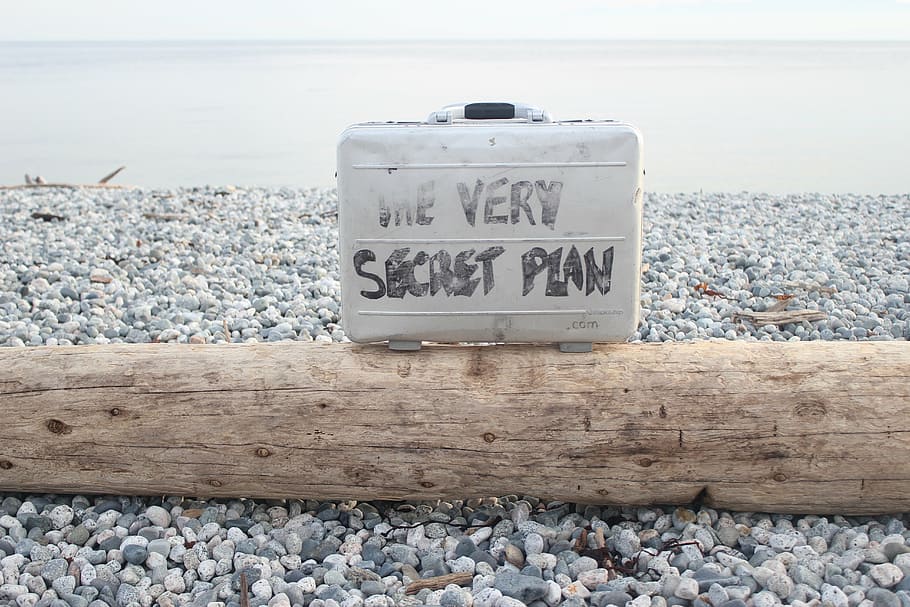 secret, plan case, the very secret plan, briefcase message, log on beach, water, sea, rock, beach, solid