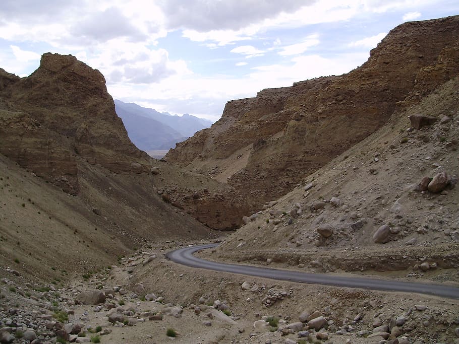 brown, mountain, cloudy, sky, mountains, ladakh, road, rocks, bare, denuded
