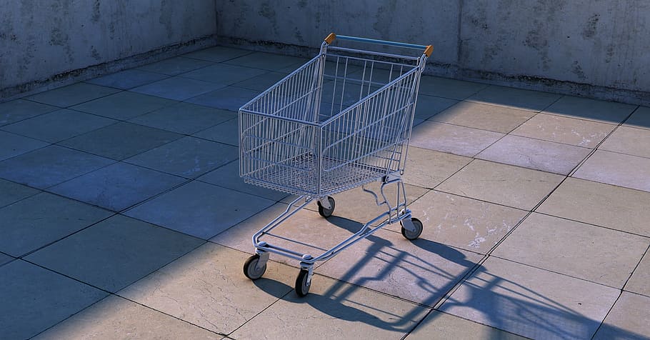 silver shopping cart, sunny, sky, shopping cart, dolly cart, shopping, contour, metallic, sun reflections, shadow