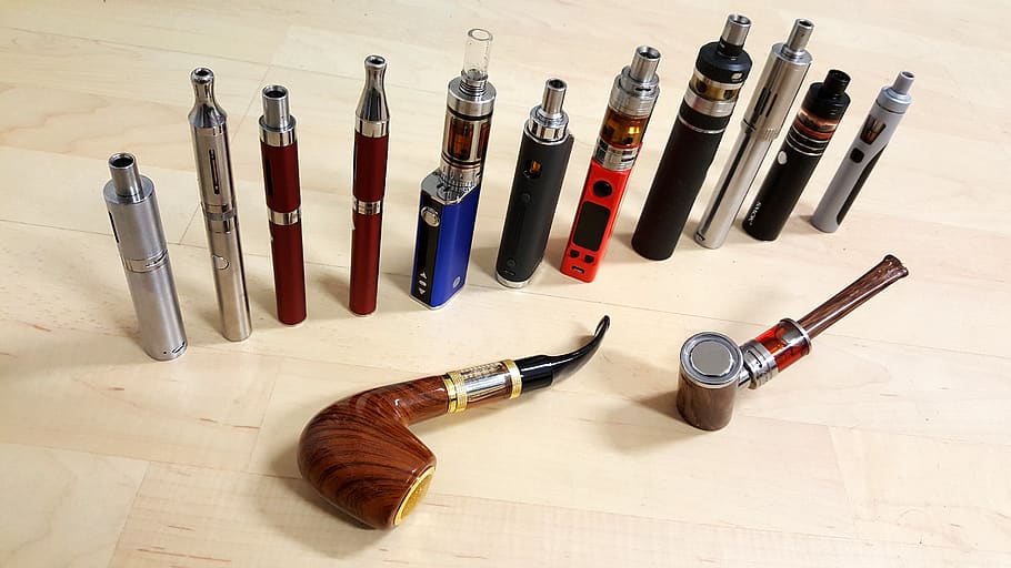 e-cigarette collection, steam, vapours, e cigarette, electronic cigarette, steamer, indoors, high angle view, still life, choice