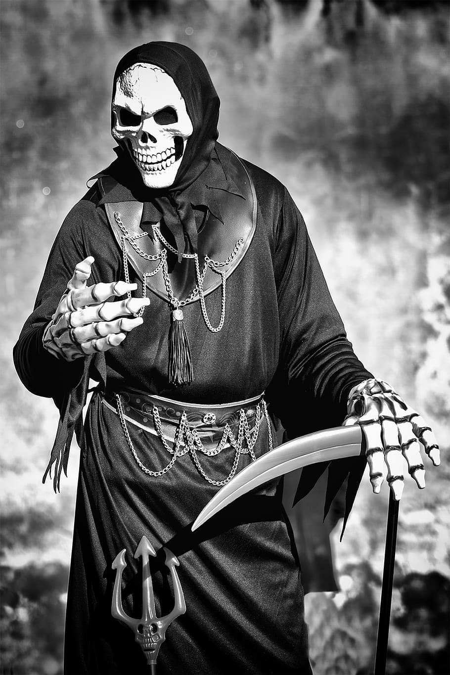 costume, death, morals, masks, mask, disguise, scythe, skeleton, skull, man