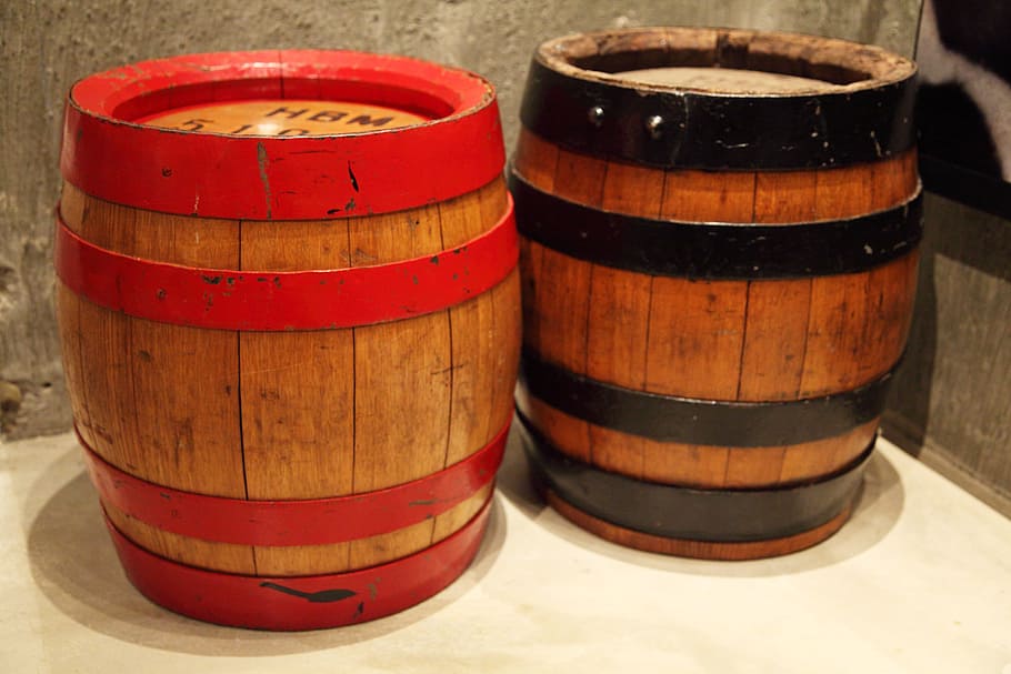 two, brown, wooden, barrels, barrel, beer, beverage, container, drink, oak