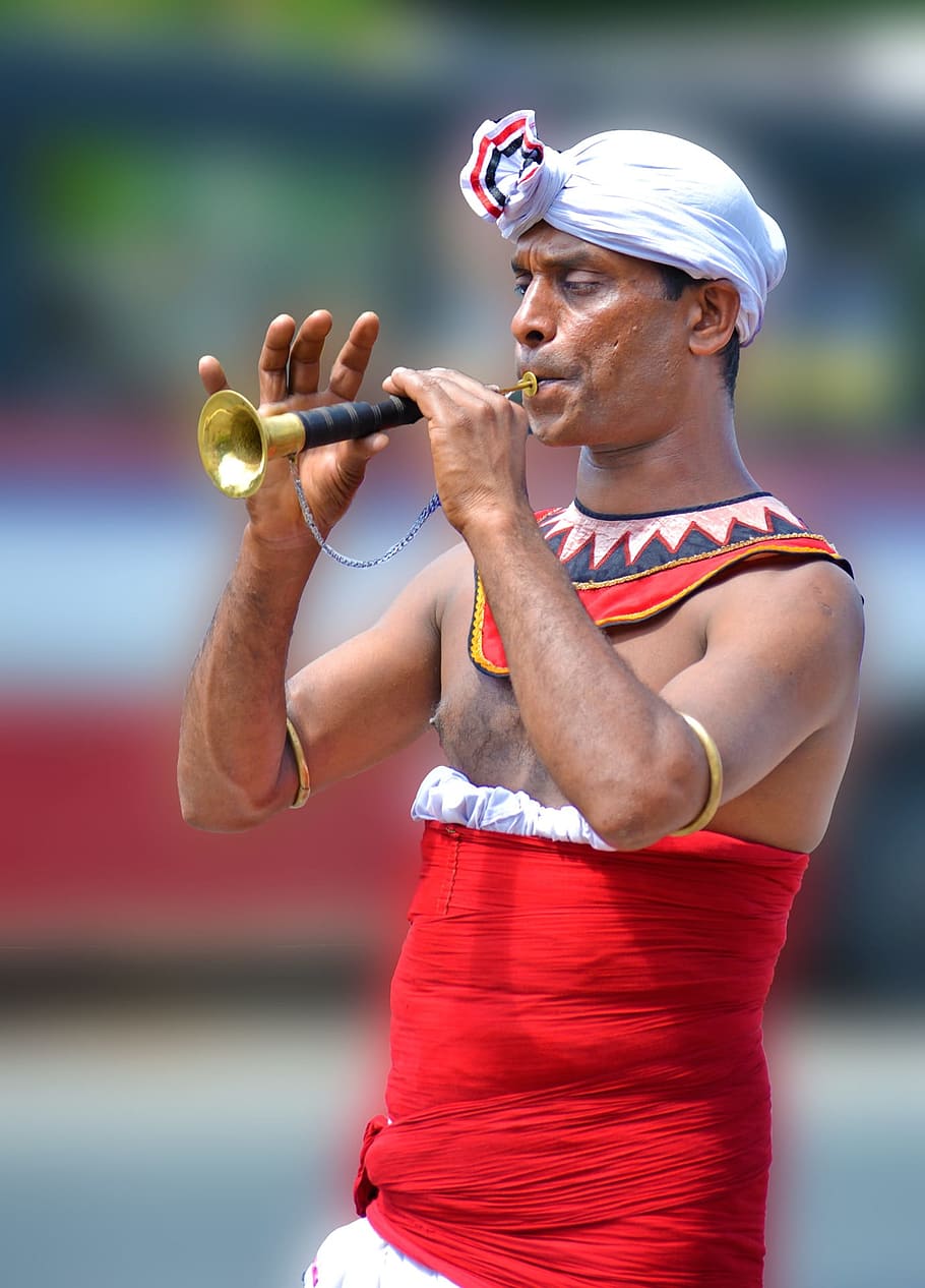 man, playing, brass flute, daytime, parade, local trumpet, musician, ritual, sri lanka, kadugannawa