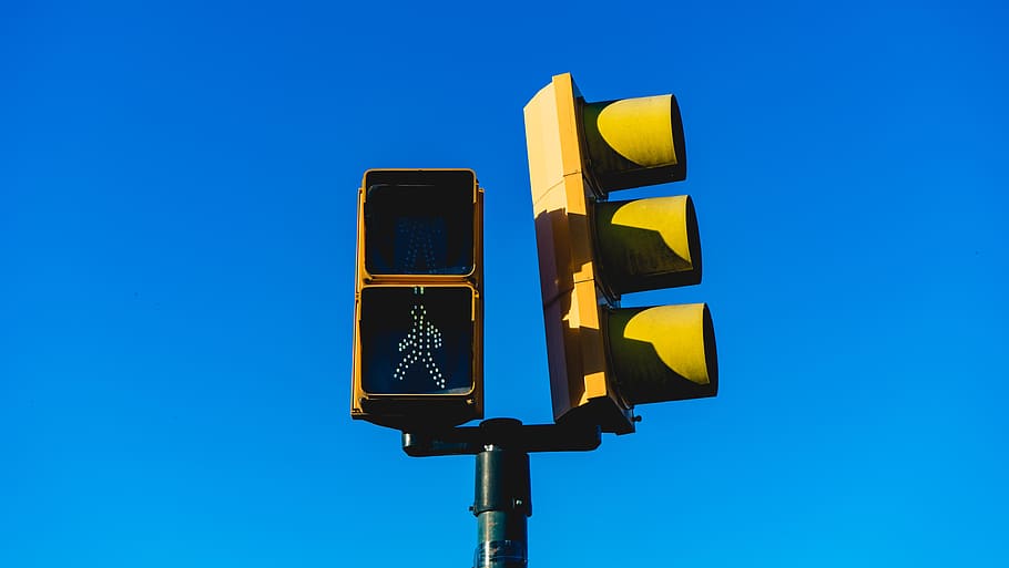 tráfego, luz, sinal, pedestre, caminhando, cruzando, isolado, sinalização, azul, céu