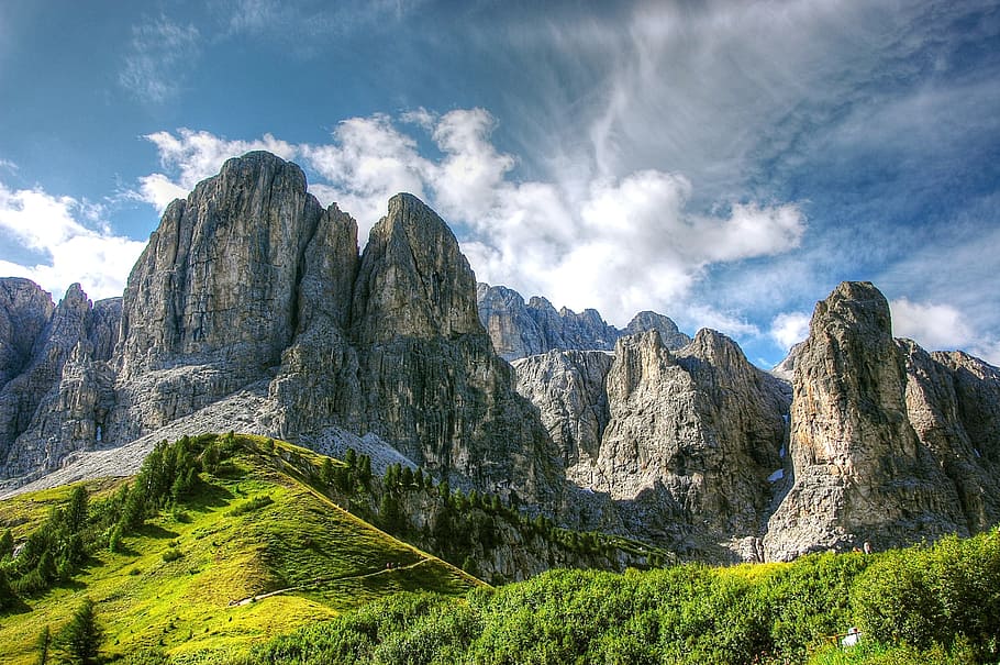 brown, rock formations, cloudy, blue, sky, daytime, dolomites, mountains, italy, south tyrol