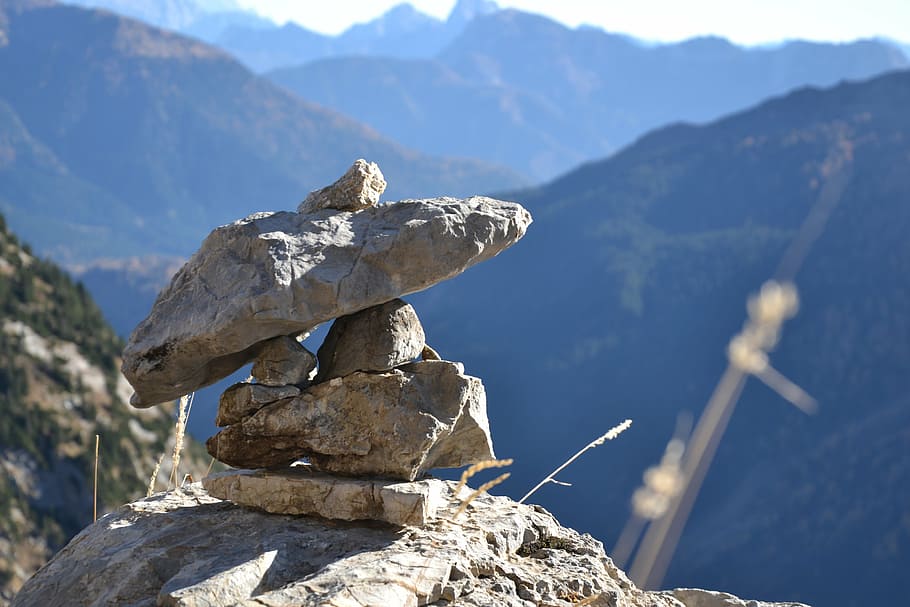 stones, cairn, hiking, nature, view, stacked, balance, tower, stone tower, symbol