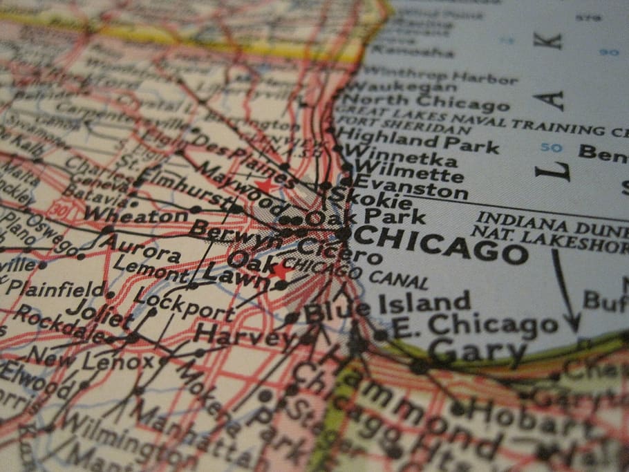 close up do mapa, chicago, mapa, estados unidos da américa, illinois, cartografia, localização, texto, roteiro ocidental, foco seletivo