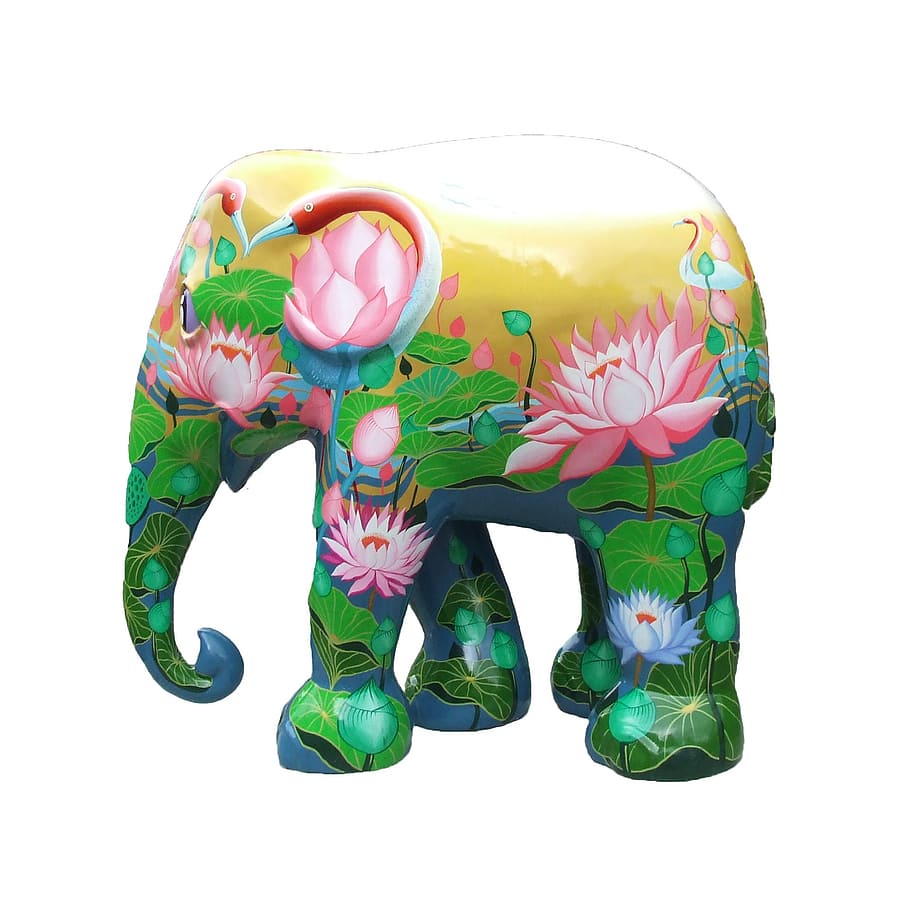 green, pink, yellow, flamingo print elephant illustration, elephant parade trier, elephant, art, white background, art and craft, studio shot