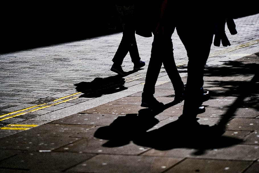 three, people, walking, street, men, friends, family, walk, shadow, silhouette