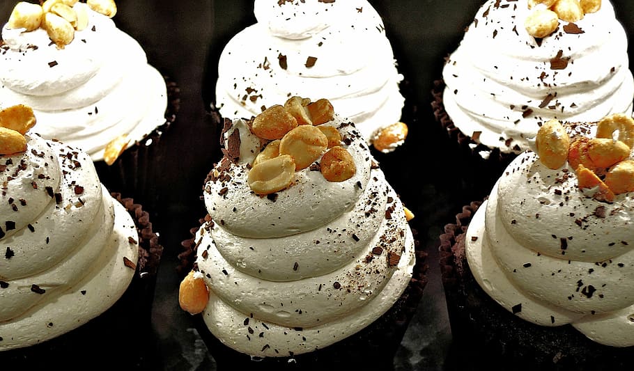 nuts cupcakes, chocolate cupcake, whipped cream, peanuts, chocolate, dessert, food, food and drink, frozen food, close-up