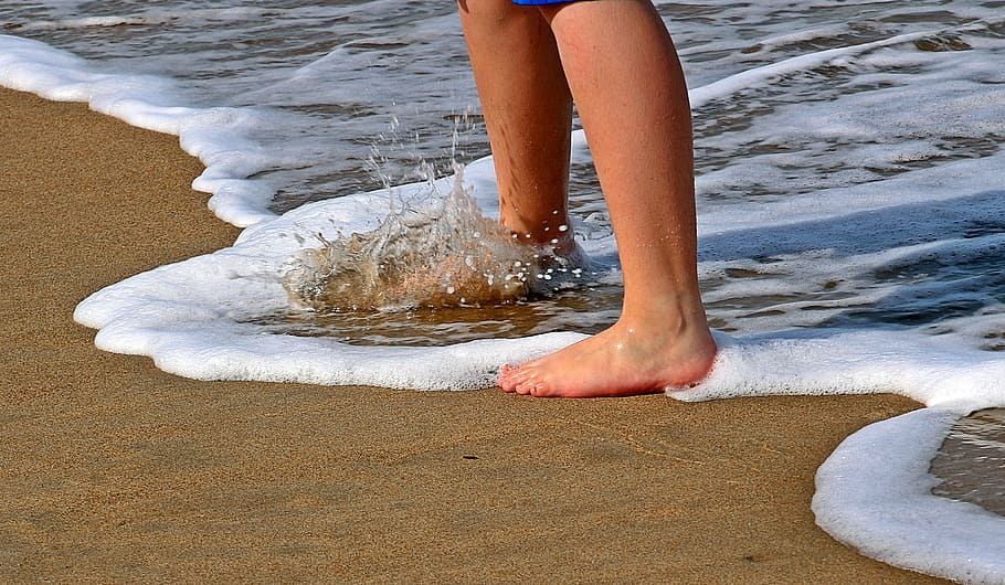 person, standing, shoreline, feet, legs, sand, water, wave, go, spray