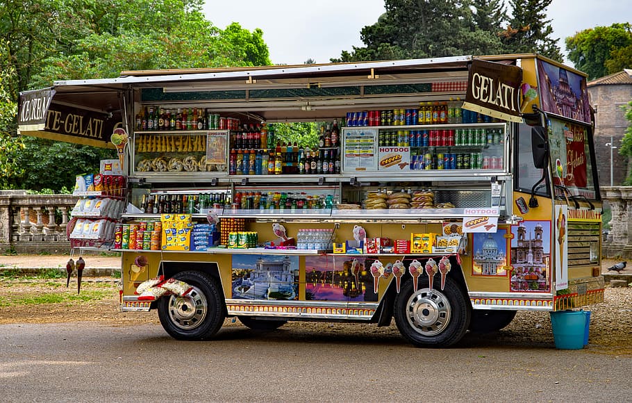 yellow, multicolored, gelati food kiosk, van, sale, drink, fresh, ice, gelato, gelati