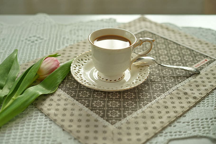 blanco, cerámico, taza de té, platillo, mesa, taza, café, fondo, cafetería, capuchino