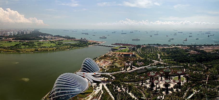 aéreo, vista, ciudad, día, singapur, marina bay, moderno, elegante, panorama, arquitectura