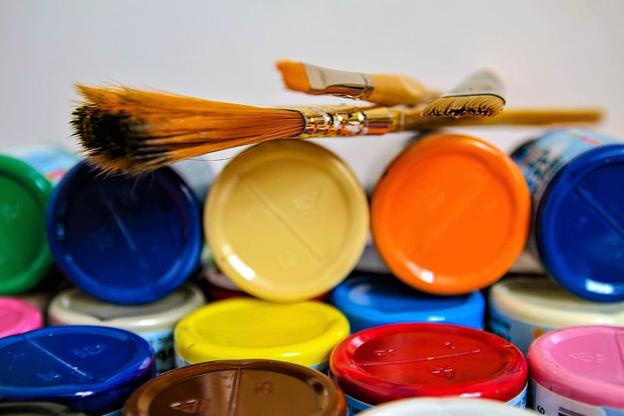 photography, paint brush, cans, brush, painter brush, cans of paint, utensils, color, paint, artists