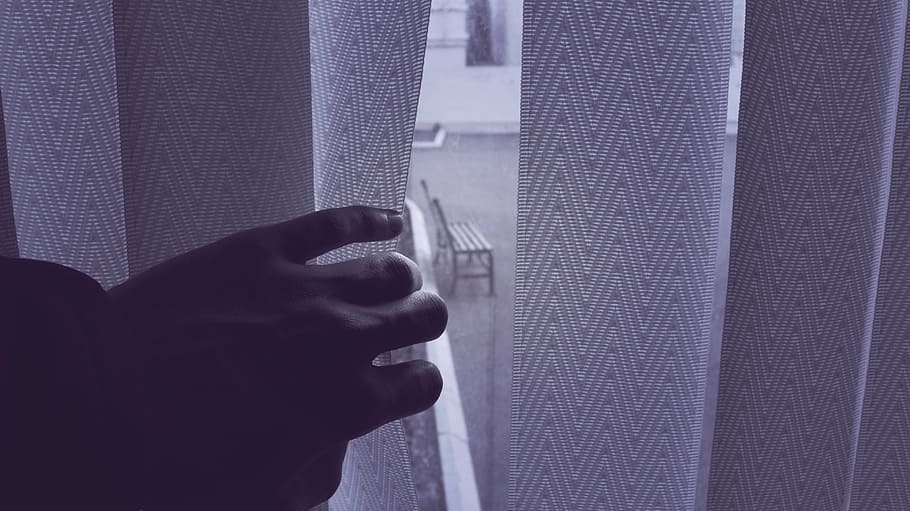 person, touching, holding, white, window curtain, window, curtain, hand, pane, glass