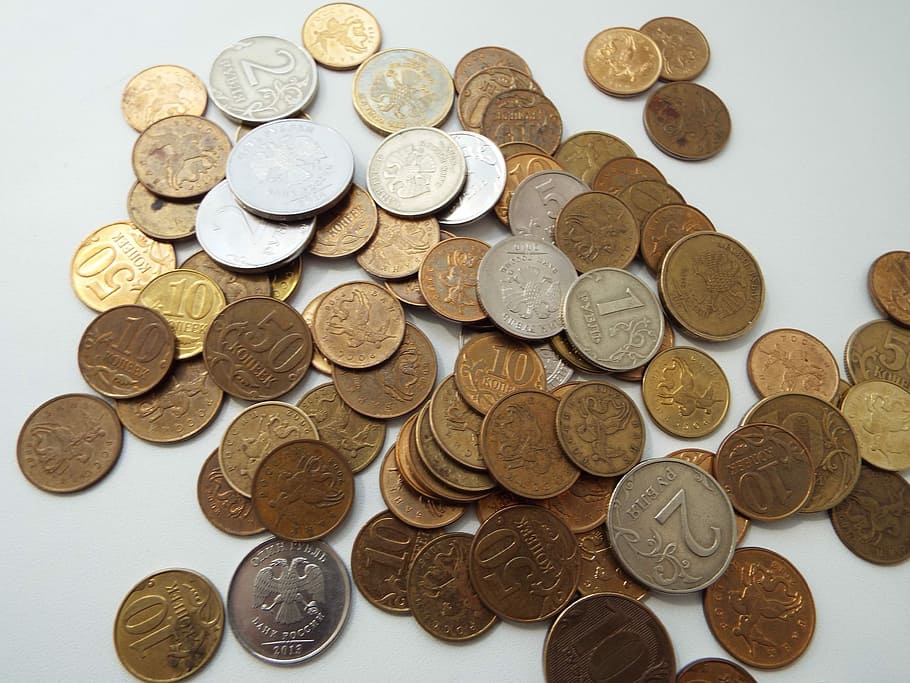 Coins, Ruble, Russia, Kopek, handful, wealth, money, penny, crisis, trifle