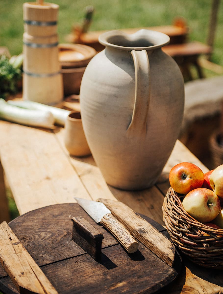 frutos de maçã, cesta, maçã, frutas, madeira - Material, culturas, artesanato, cerâmica, jarro, à moda antiga