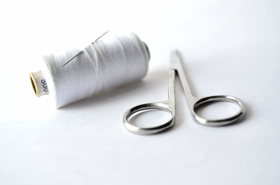 white, thread, scissors, tailor, sewing, craft, needle, sew, tailoring, studio shot