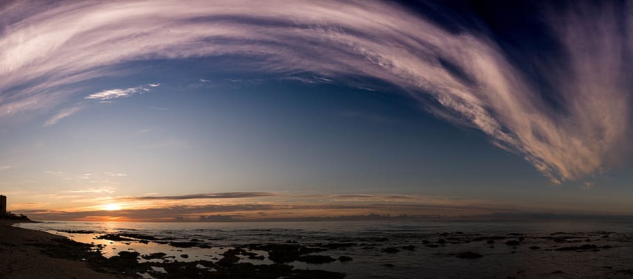 360 사진, 구름, 해변, 새벽, 하늘, 일몰, 수평선, 바다, 깨달음, 출력 태양