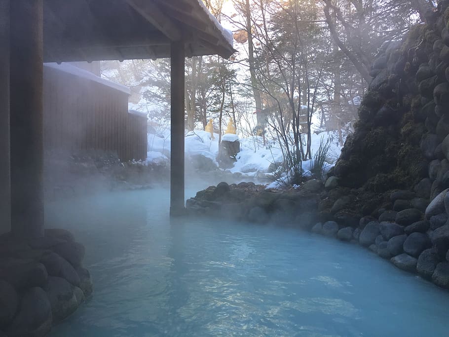 quente, primavera, pérgola, dia, Japão, Hot Springs, Noboribetsu, Ao ar livre, inverno, neve