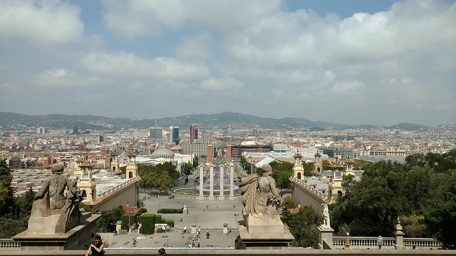 바르셀로나, montjuic, 하늘, 맑은, 풍경, 건축물, 건축 된 구조, 시티, 건물 외관, 도시 풍경