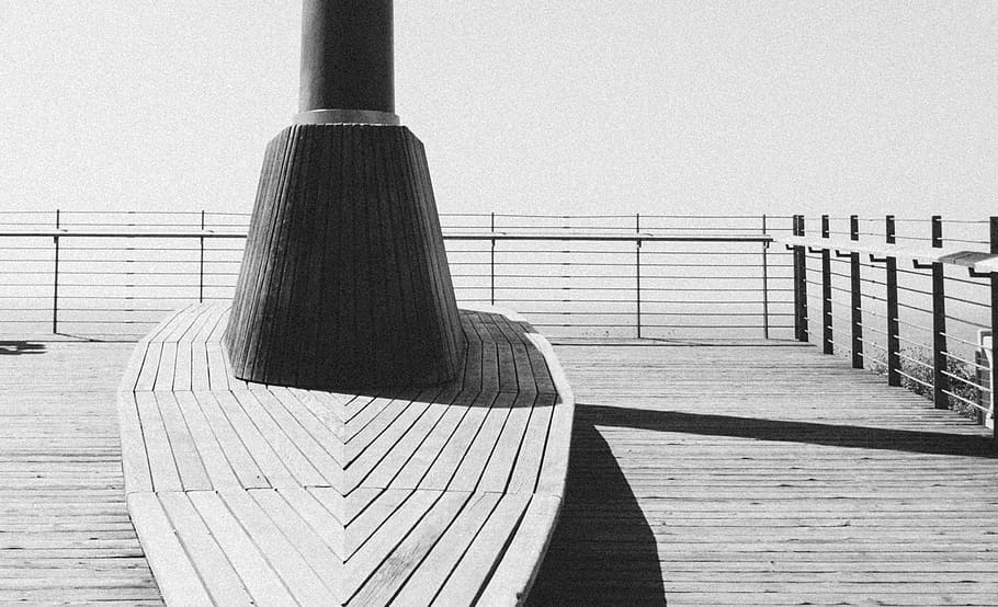 wood, bench, deck, railing, black and white, wood - material, day, nature, built structure, shadow