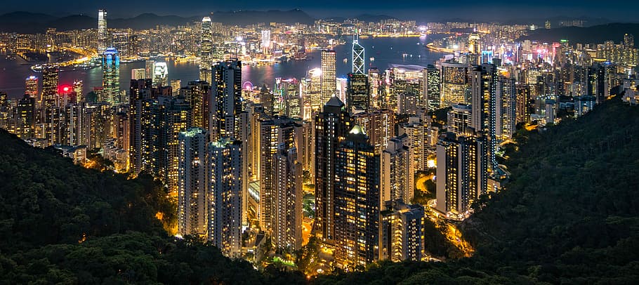 panorámica, fotografía, iluminado, ciudad, panorama, paisaje urbano, centro de la ciudad, horizonte, hong kong, casas