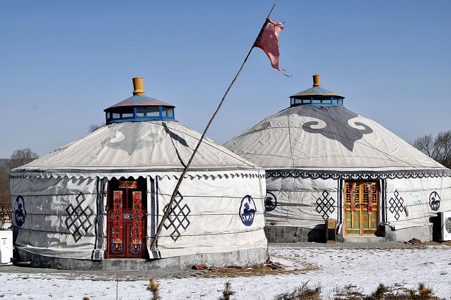 dois, branco, barracas da cúpula, dia, cúpula, tendas, mongólia interior, viagem, paisagem, estação