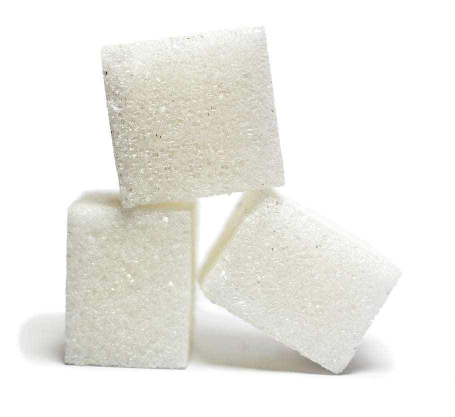 three sugar cubes, lump sugar, sugar, cubes, white, sweet, candy, white background, studio shot, cube shape