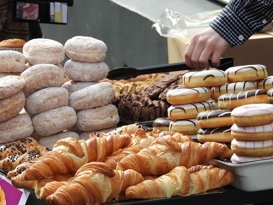 varieties of pastries, varieties, pastries, donuts, cake, bakery, dessert, croissant, food, breakfast