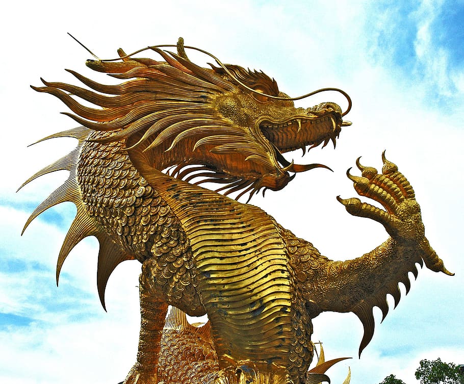 gold dragon guardian, cloudy, sky, sculpture, dragons, golden, thailand, art and craft, animal representation, representation